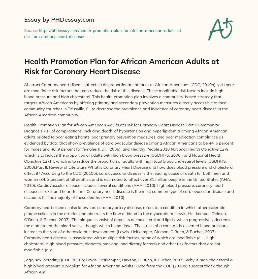 Health Promotion Plan for African American Adults at Risk for Coronary Heart Disease essay