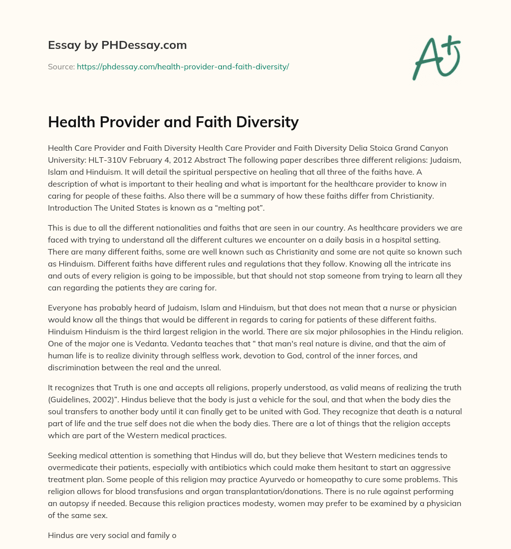 Health Provider and Faith Diversity essay