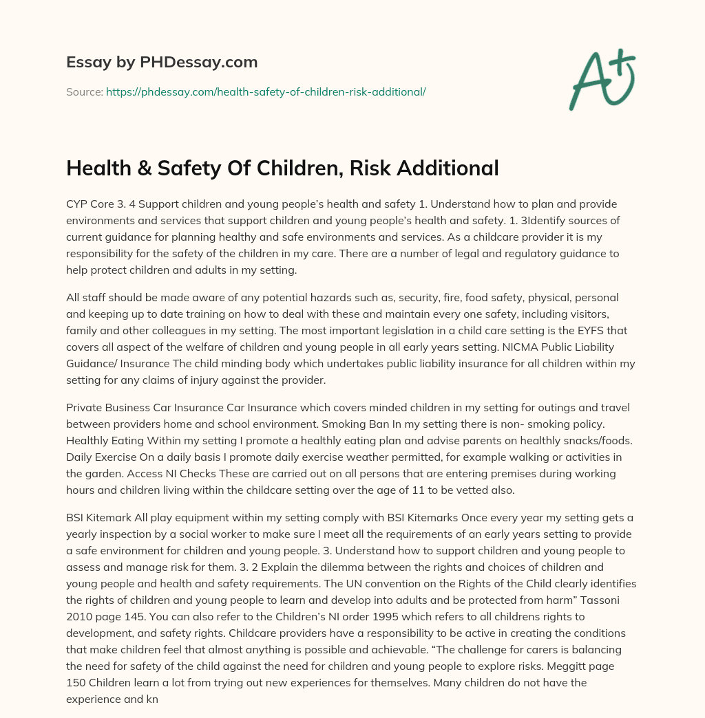 Health & Safety Of Children, Risk Additional essay