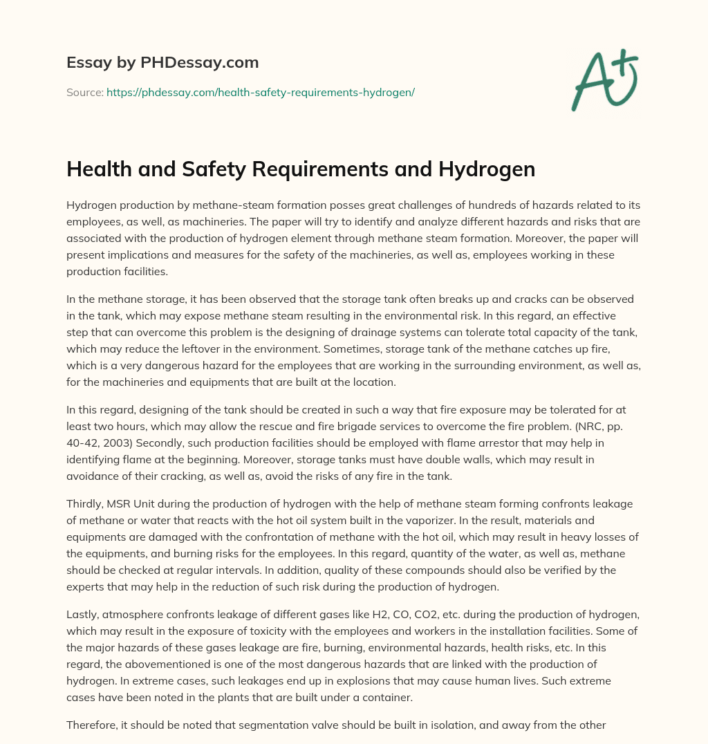 Health and Safety Requirements and Hydrogen essay