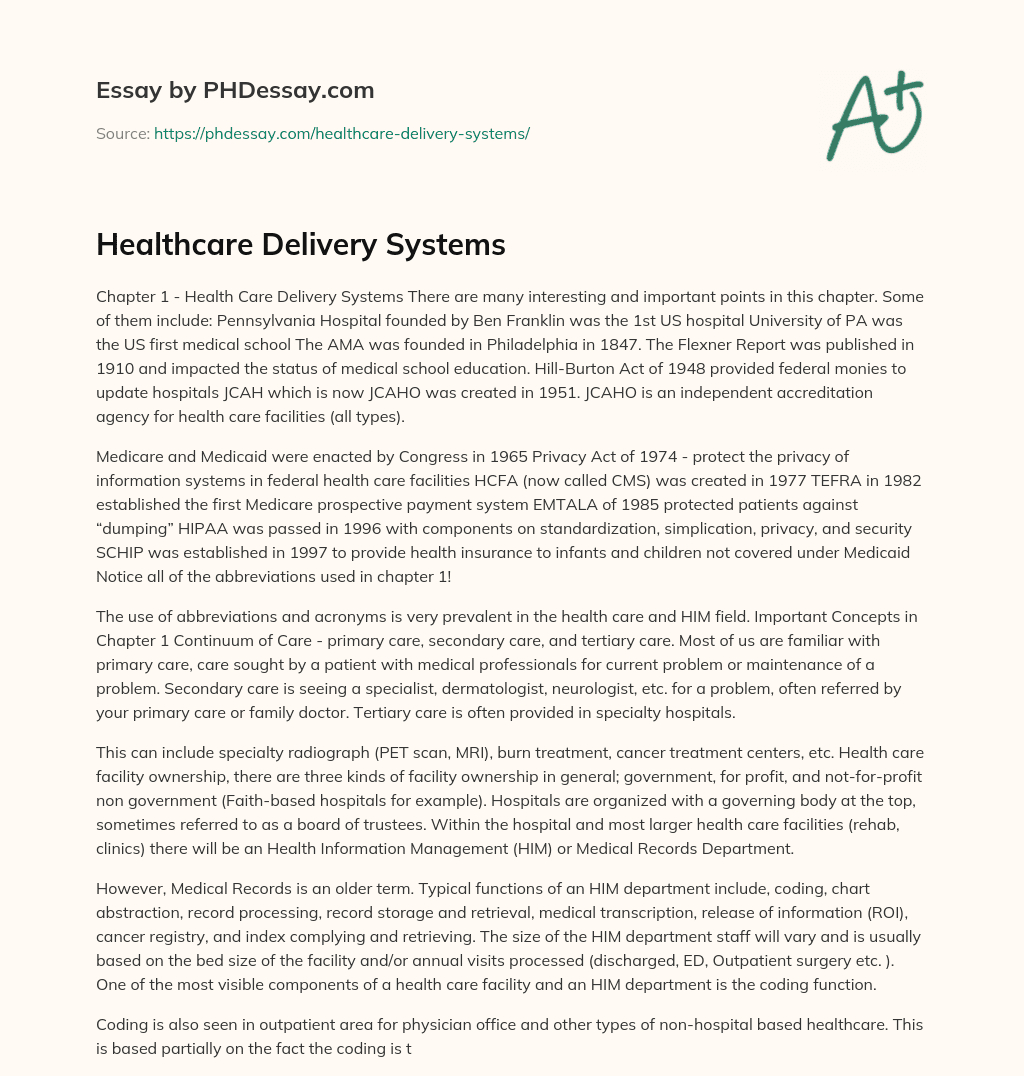 Healthcare Delivery Systems essay