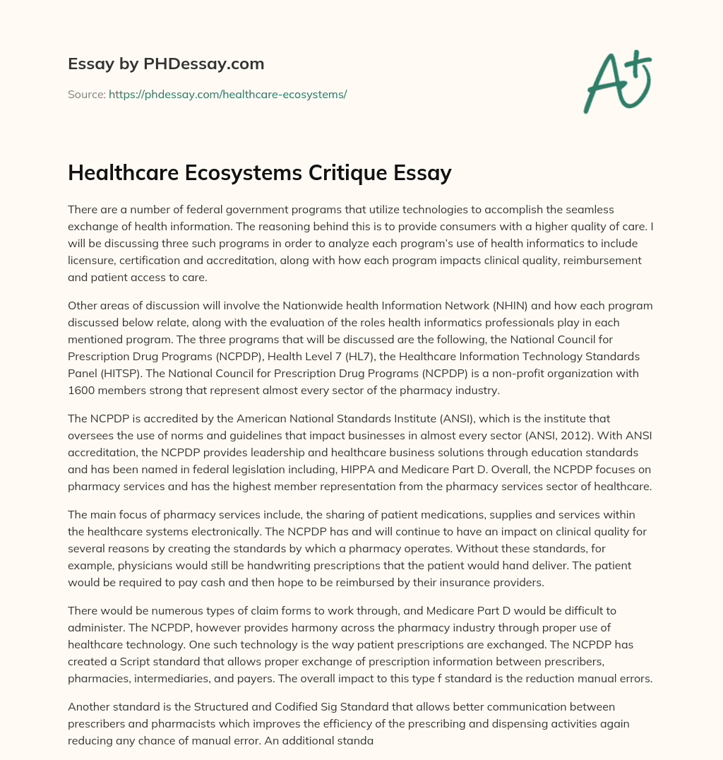 Healthcare Ecosystems Critique Essay essay