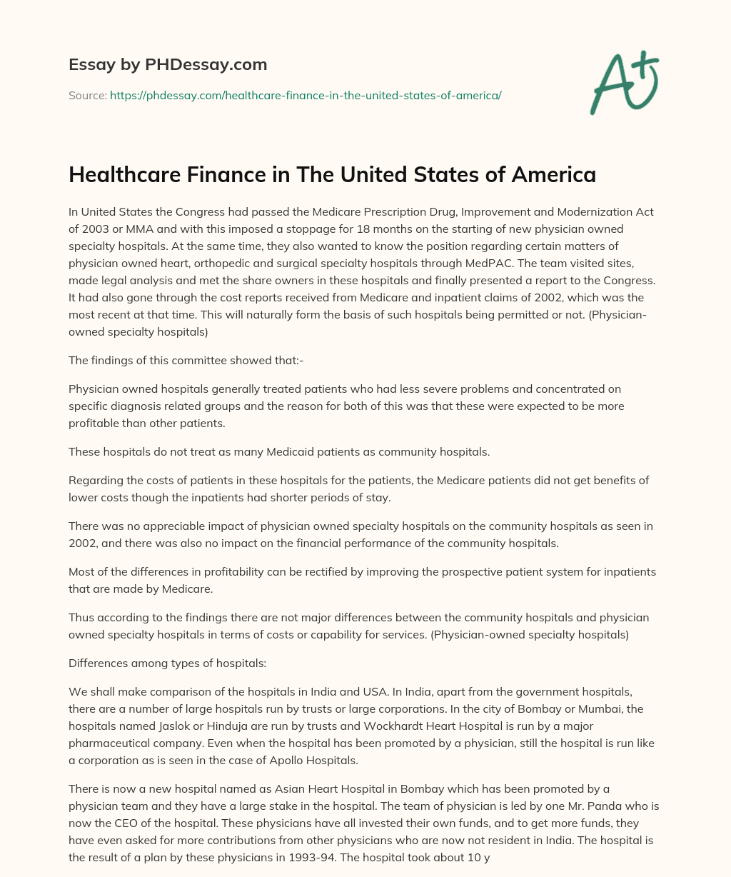Healthcare Finance in The United States of America essay