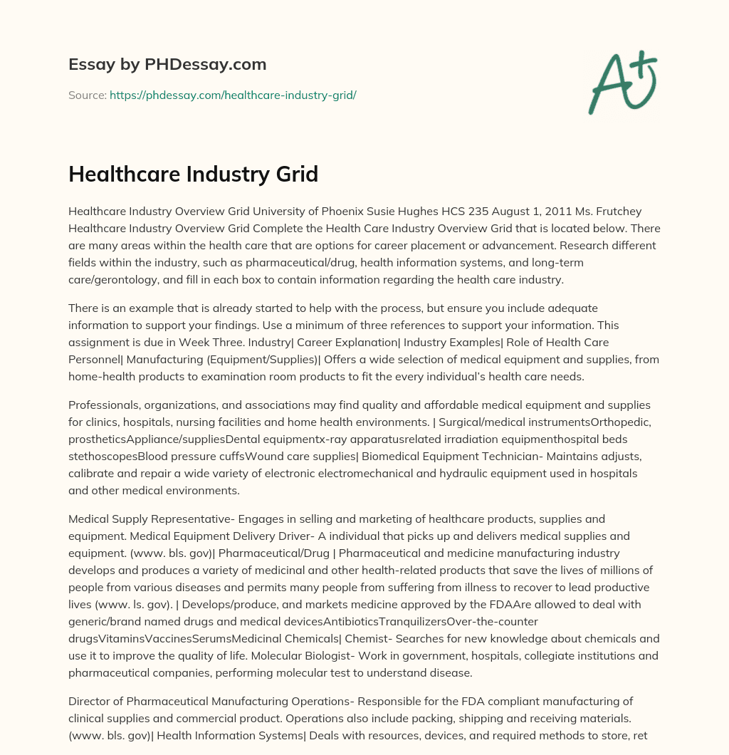Healthcare Industry Grid essay