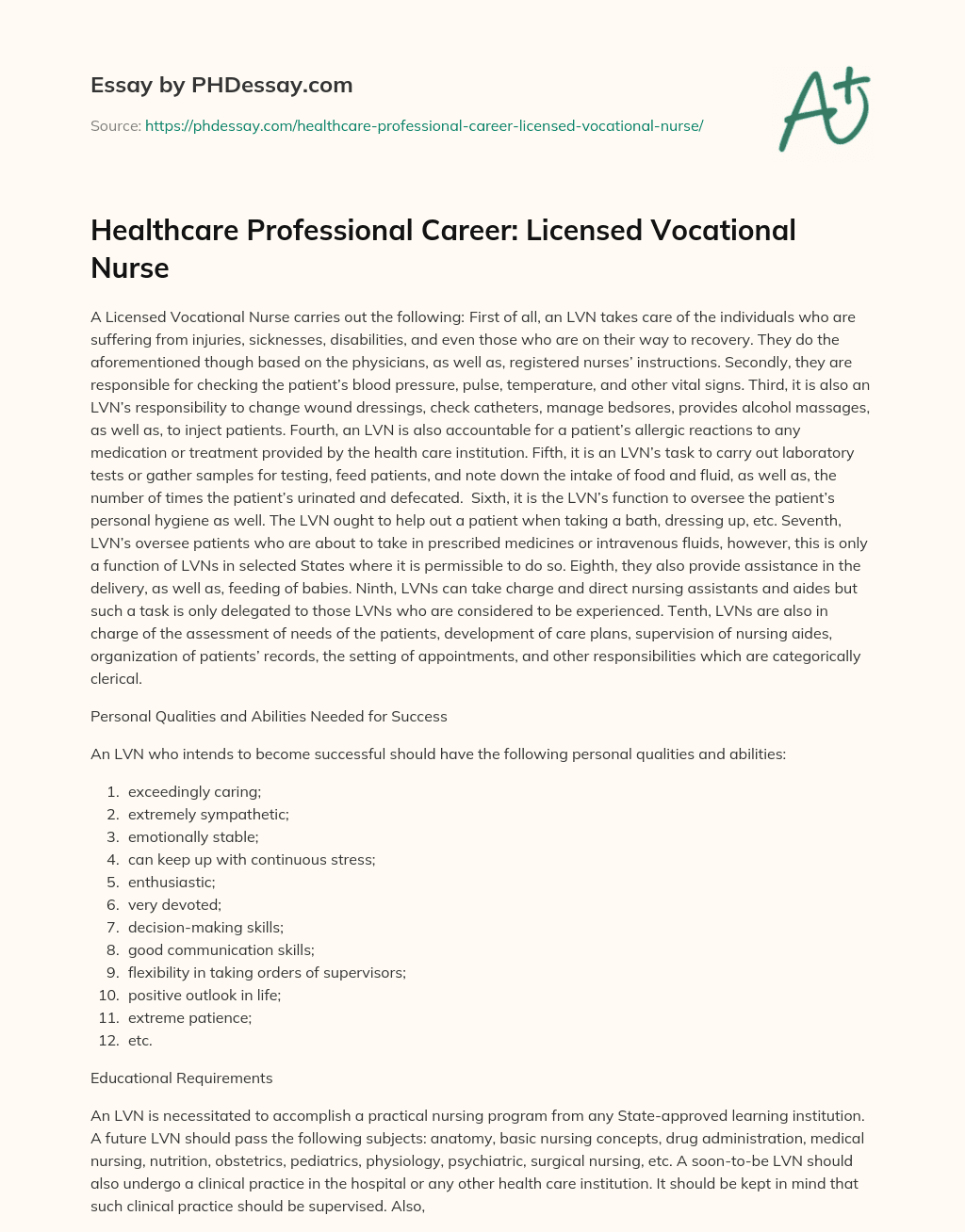 Healthcare Professional Career: Licensed Vocational Nurse essay