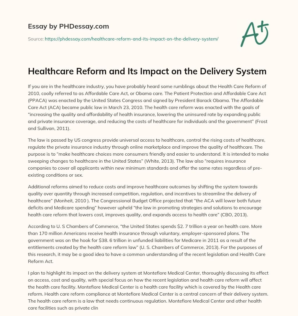 Healthcare Reform and Its Impact on the Delivery System essay