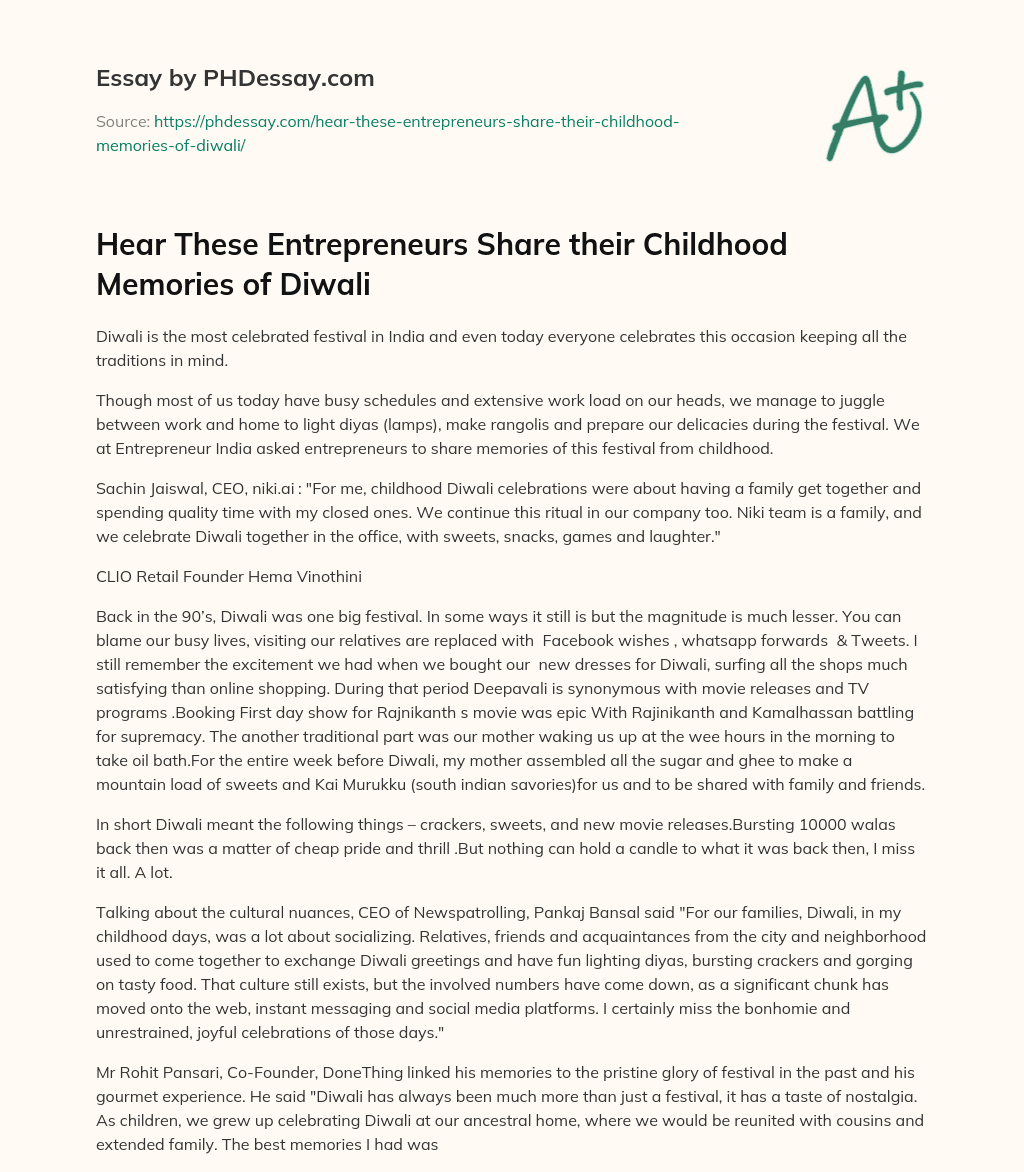Hear These Entrepreneurs Share their Childhood Memories of Diwali essay