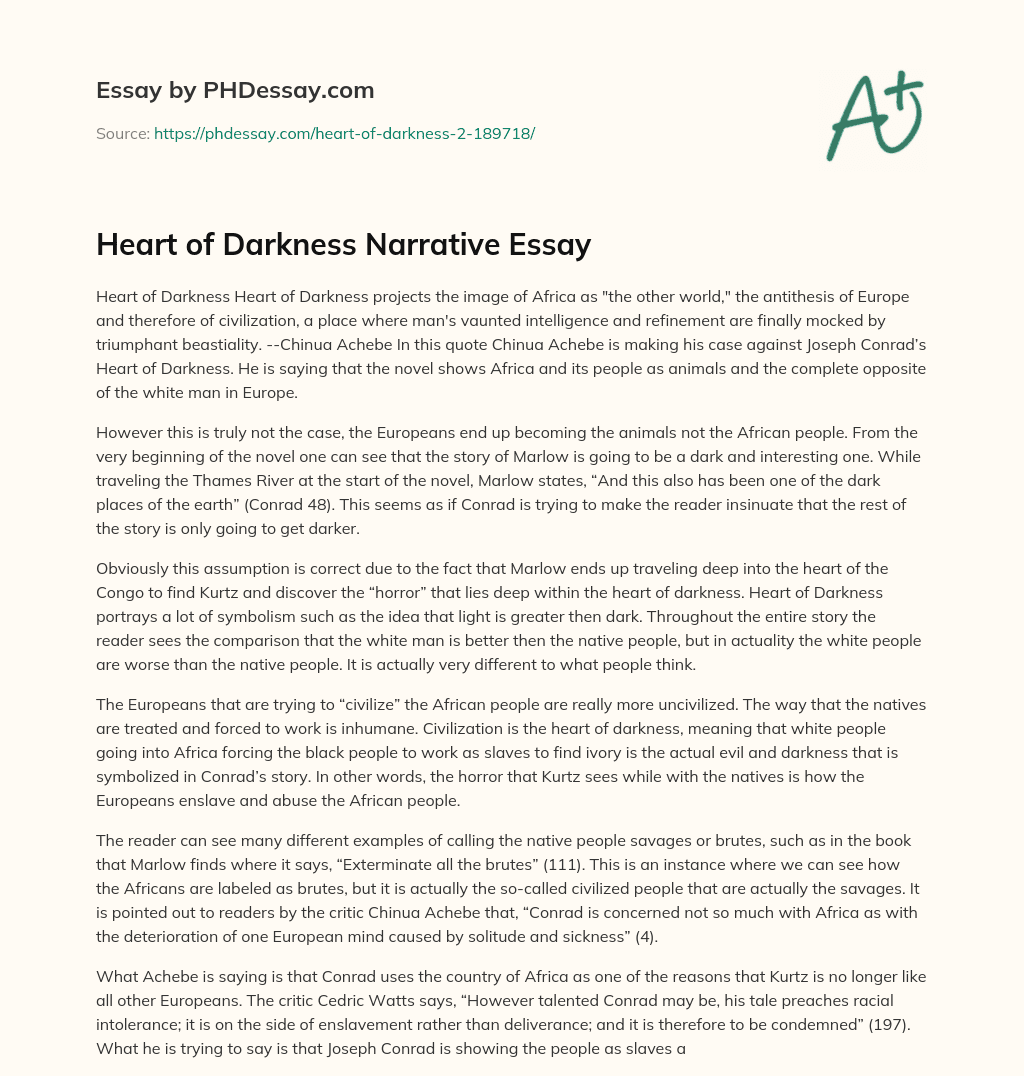 Heart of Darkness Narrative Essay essay