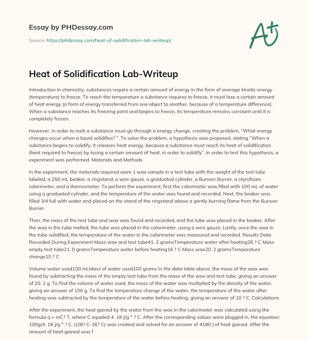 Heat of Solidification Lab-Writeup essay