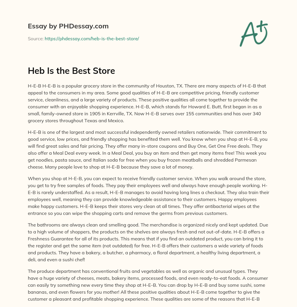 Heb Is the Best Store essay