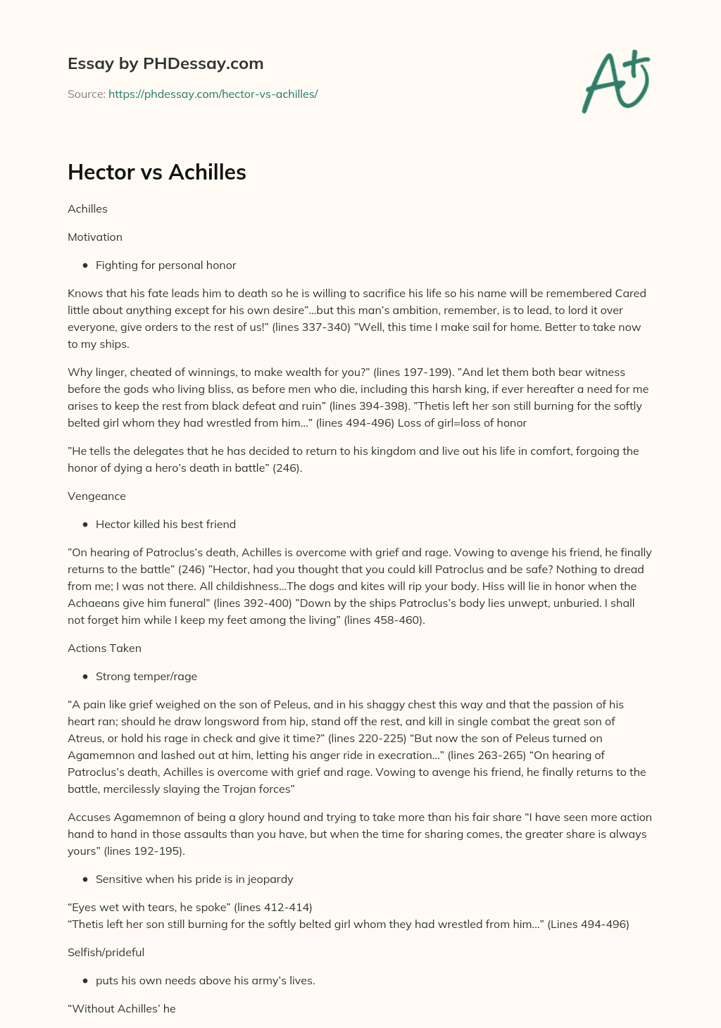 Hector vs Achilles essay