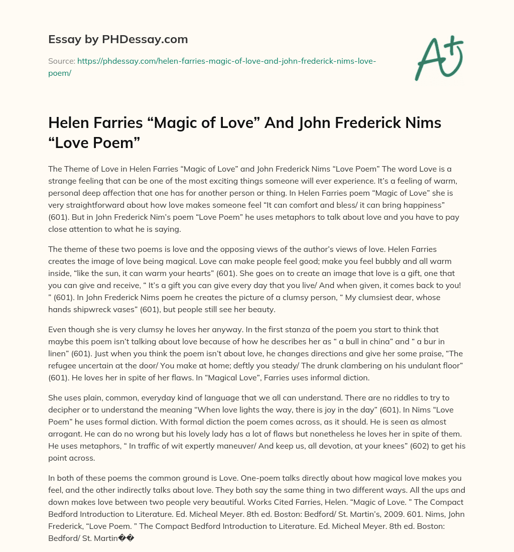 Helen Farries “Magic of Love” And John Frederick Nims “Love Poem” essay