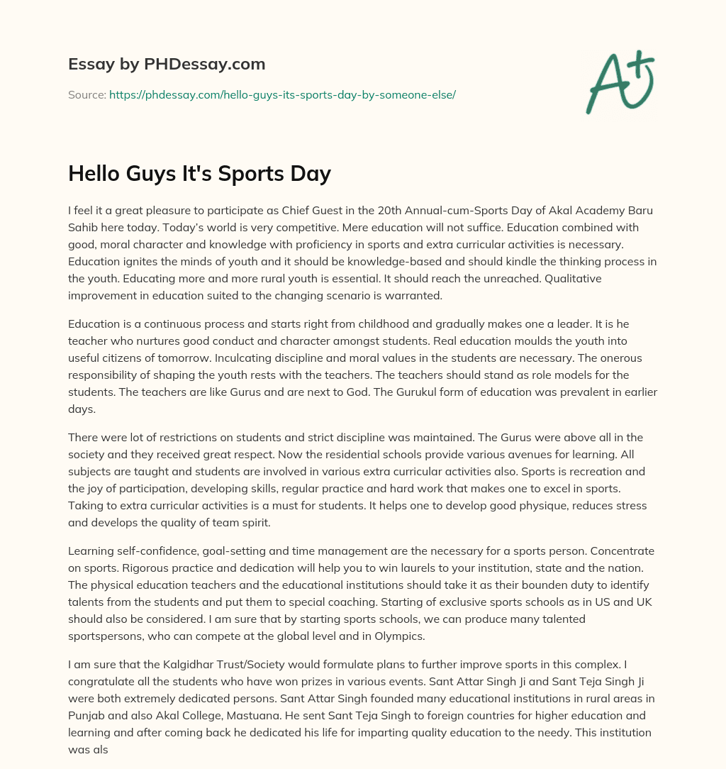 Hello Guys It’s Sports Day essay