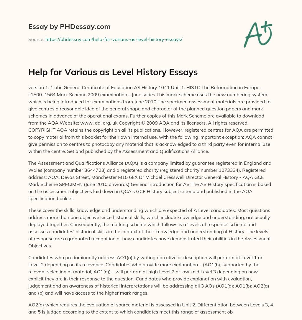 Help for Various as Level History Essays essay