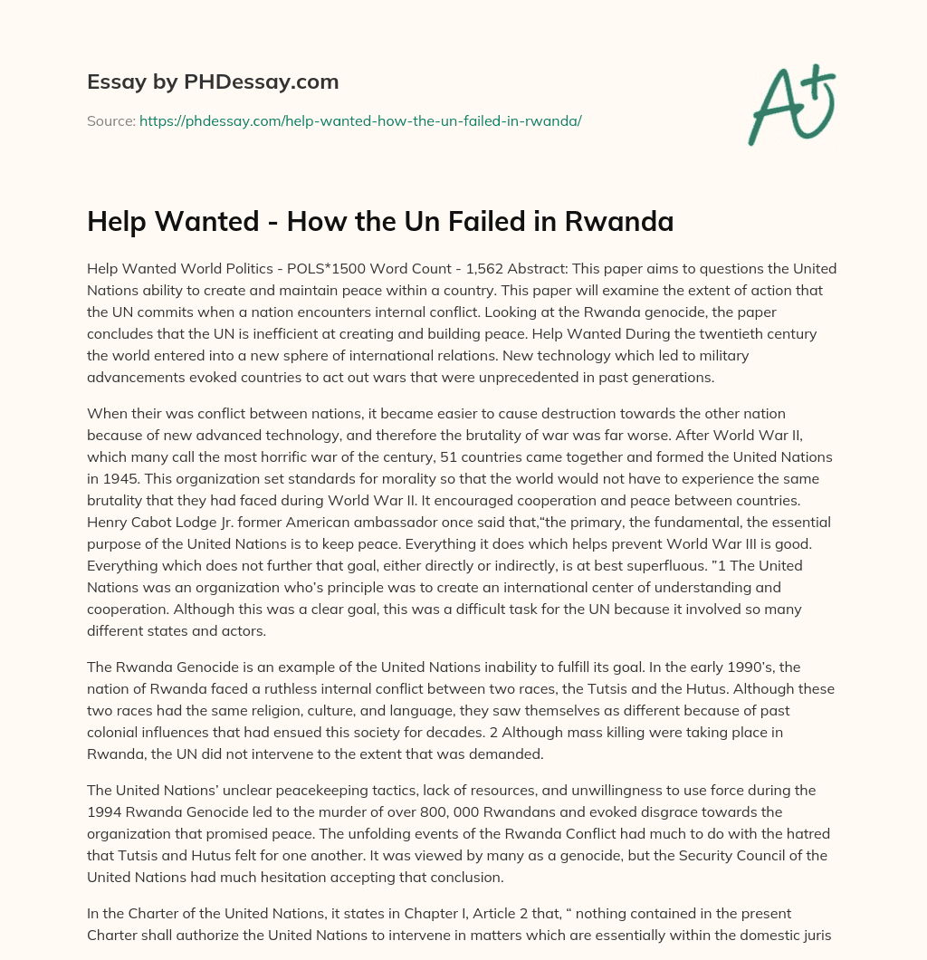 Help Wanted – How the Un Failed in Rwanda essay