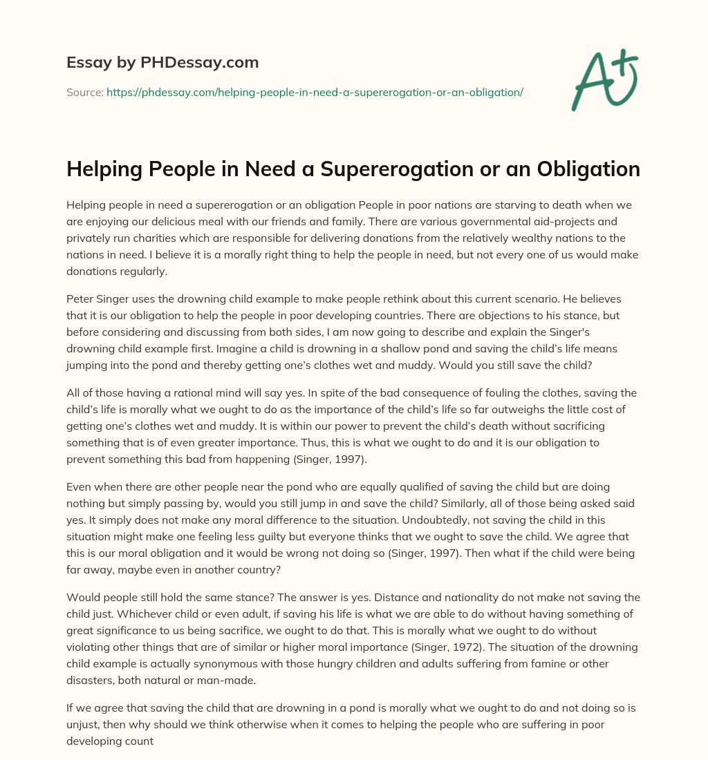 Helping People in Need a Supererogation or an Obligation essay