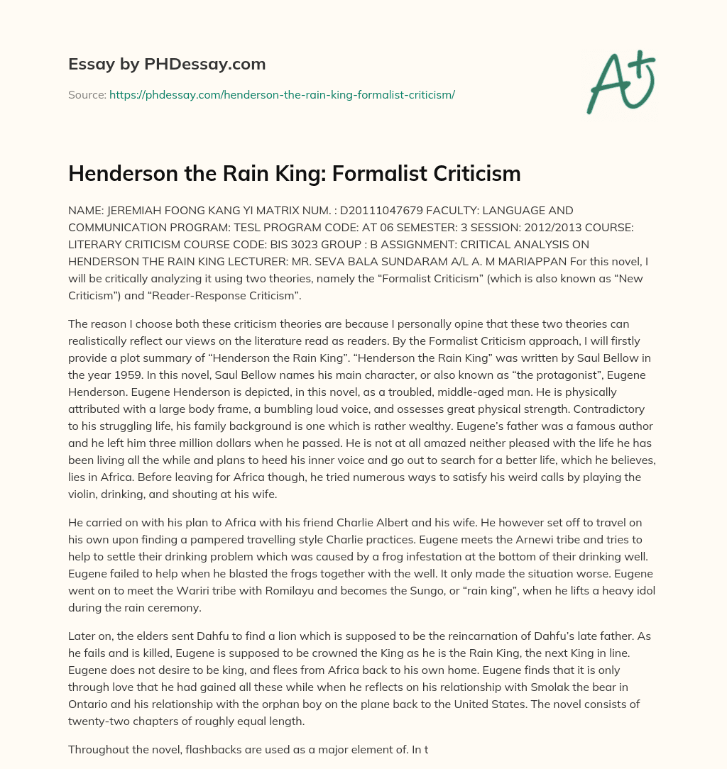 Henderson the Rain King: Formalist Criticism essay