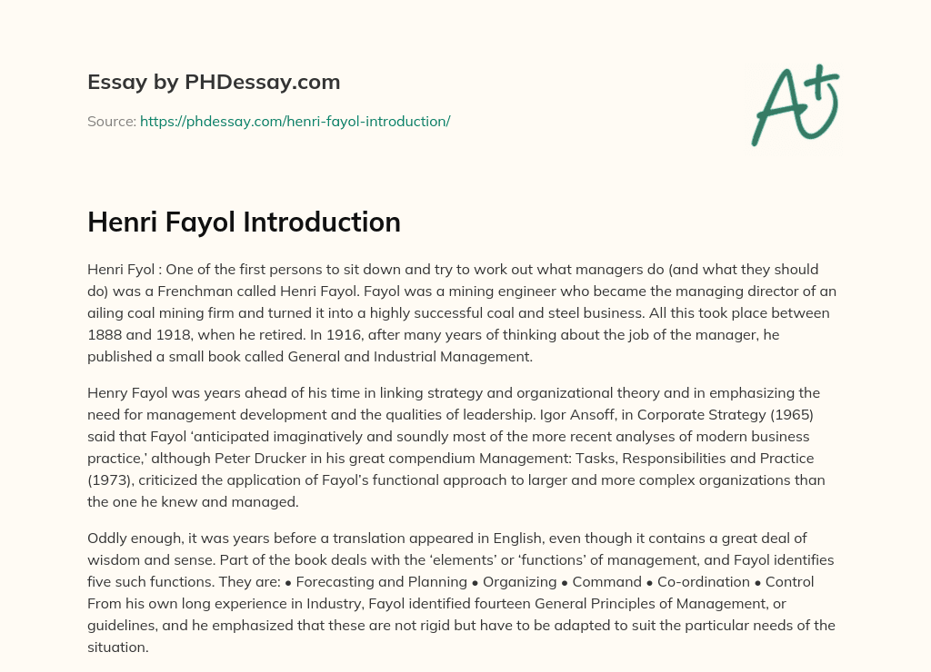 Henri Fayol Introduction essay