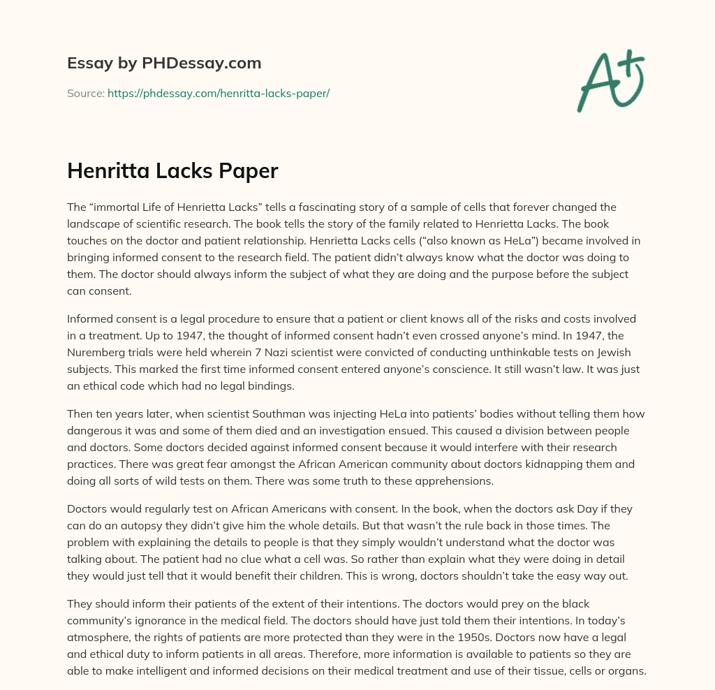 Henritta Lacks Paper essay