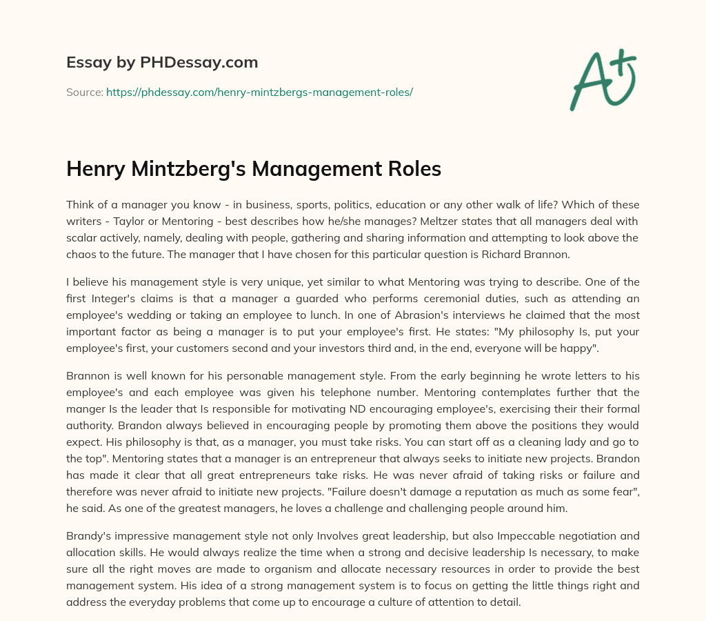 Henry Mintzberg’s Management Roles essay