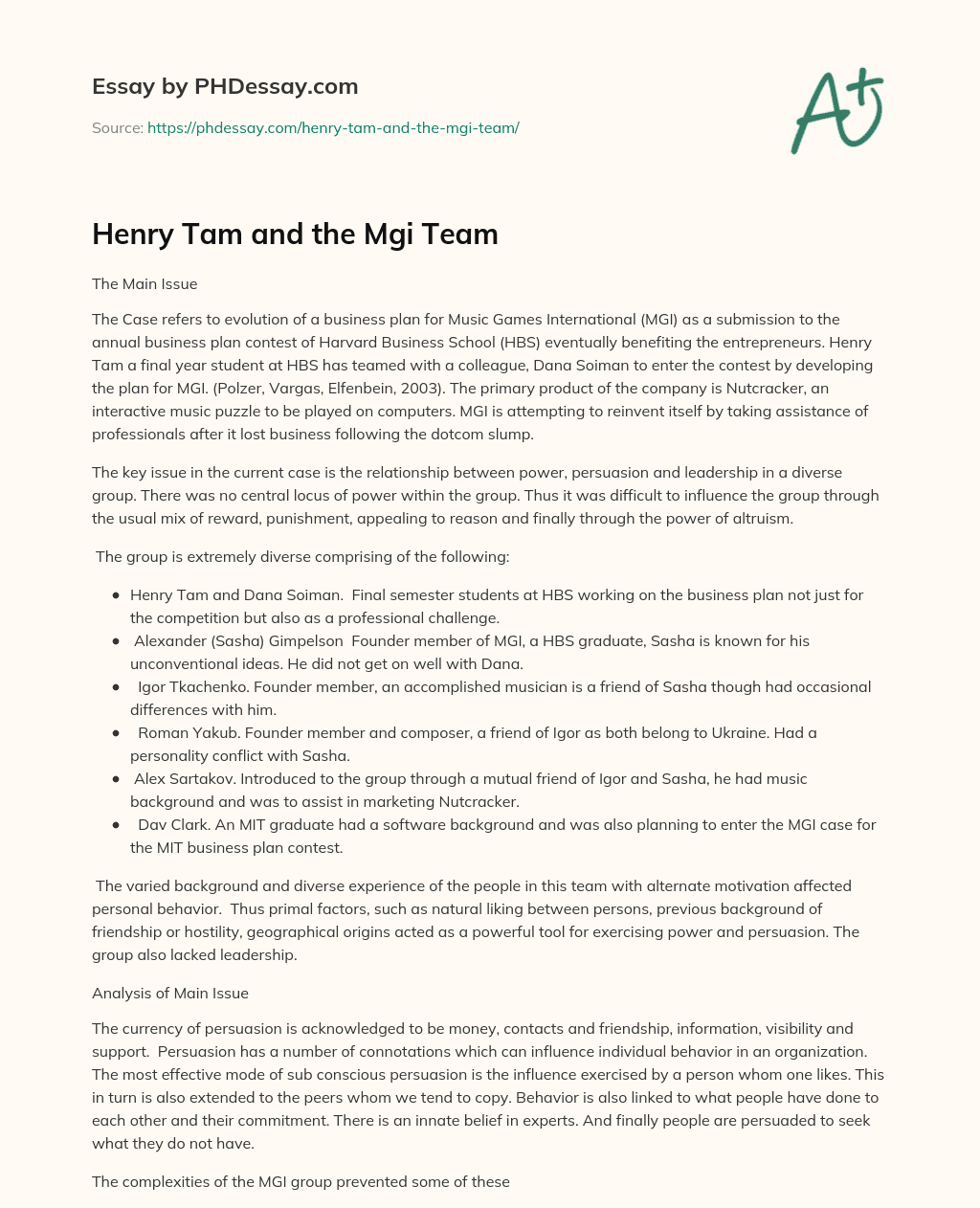 Henry Tam and the Mgi Team essay
