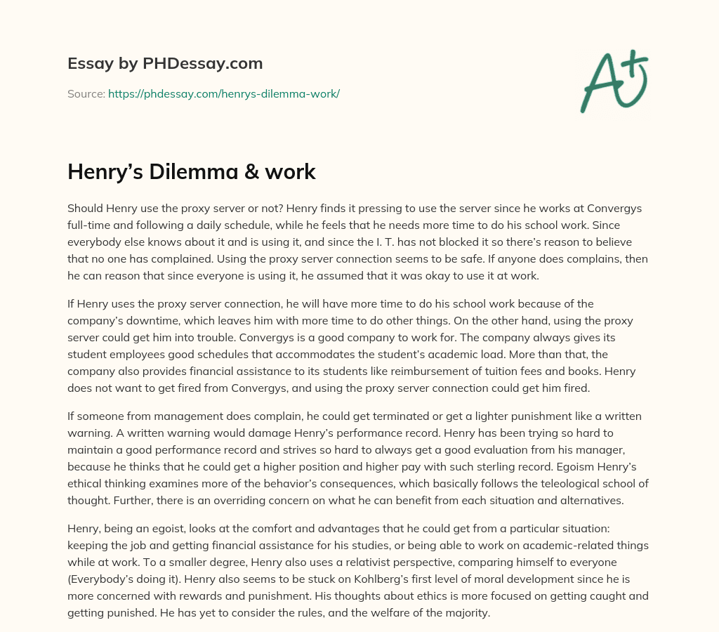 Henry’s Dilemma & work essay