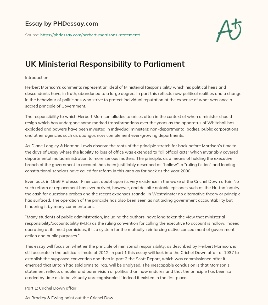 UK Ministerial Responsibility to Parliament essay