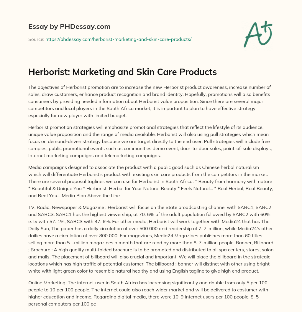 Herborist: Marketing and Skin Care Products essay