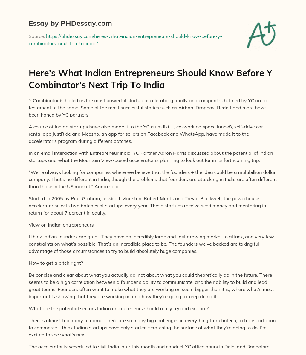 Here’s What Indian Entrepreneurs Should Know Before Y Combinator’s Next Trip To India essay