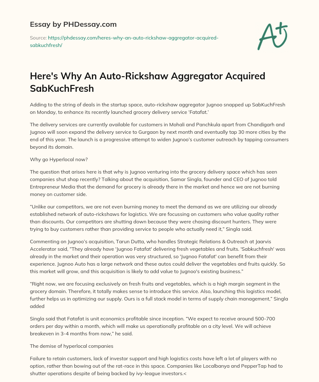 Here’s Why An Auto-Rickshaw Aggregator Acquired SabKuchFresh essay