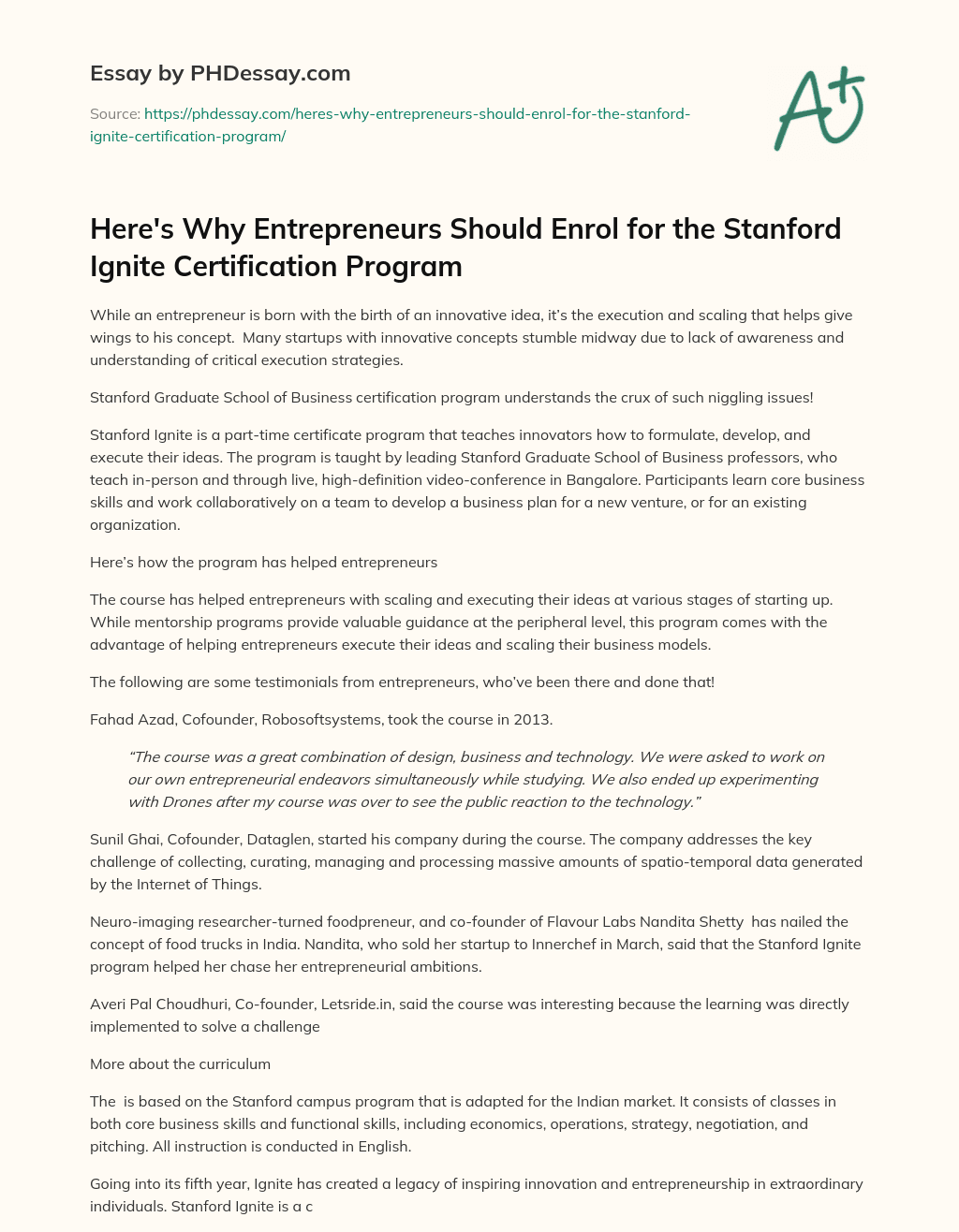 Here’s Why Entrepreneurs Should Enrol for the Stanford Ignite Certification Program essay