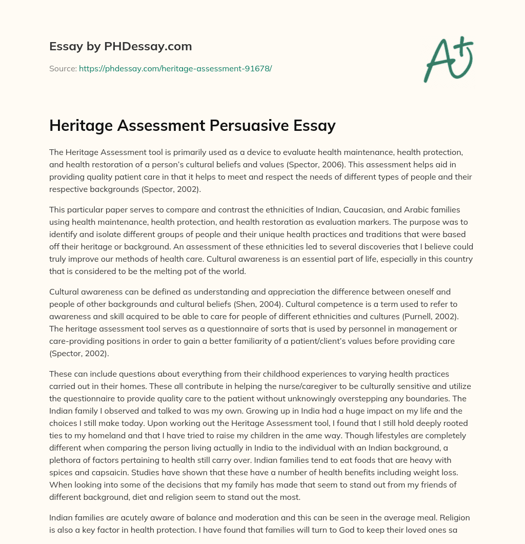 Heritage Assessment Persuasive Essay essay