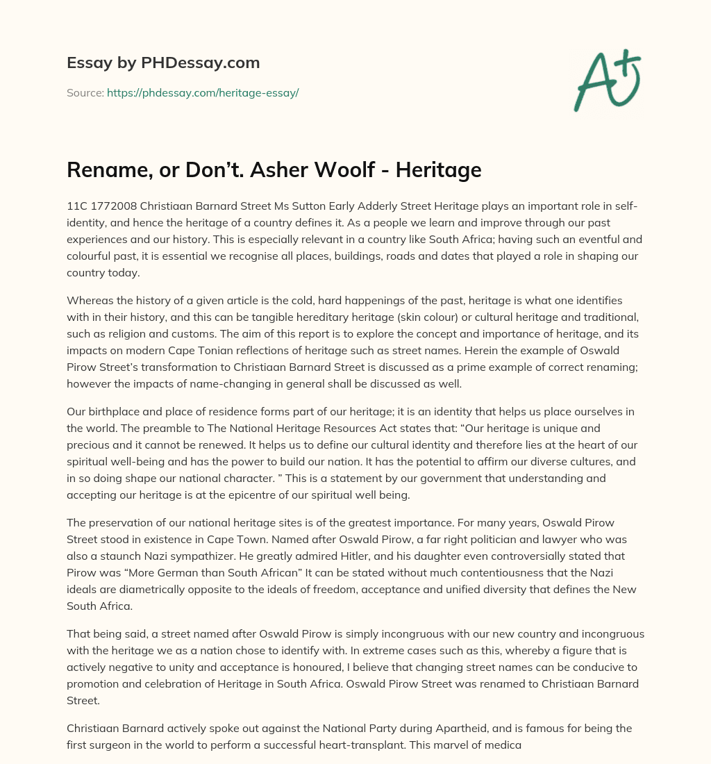 Rename, or Don’t. Asher Woolf – Heritage essay