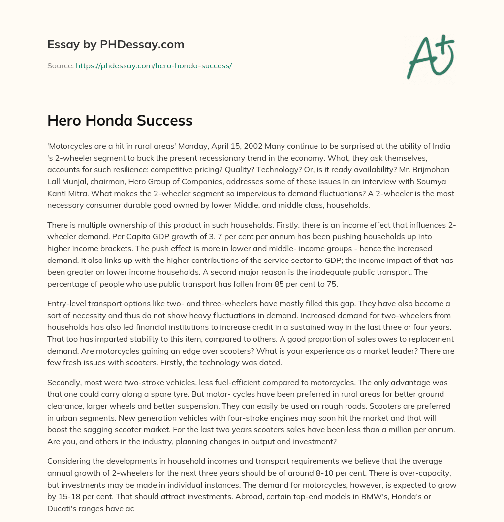 Hero Honda Success essay