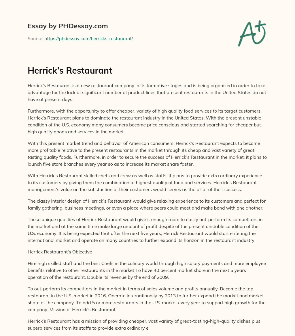 Herrick’s Restaurant essay