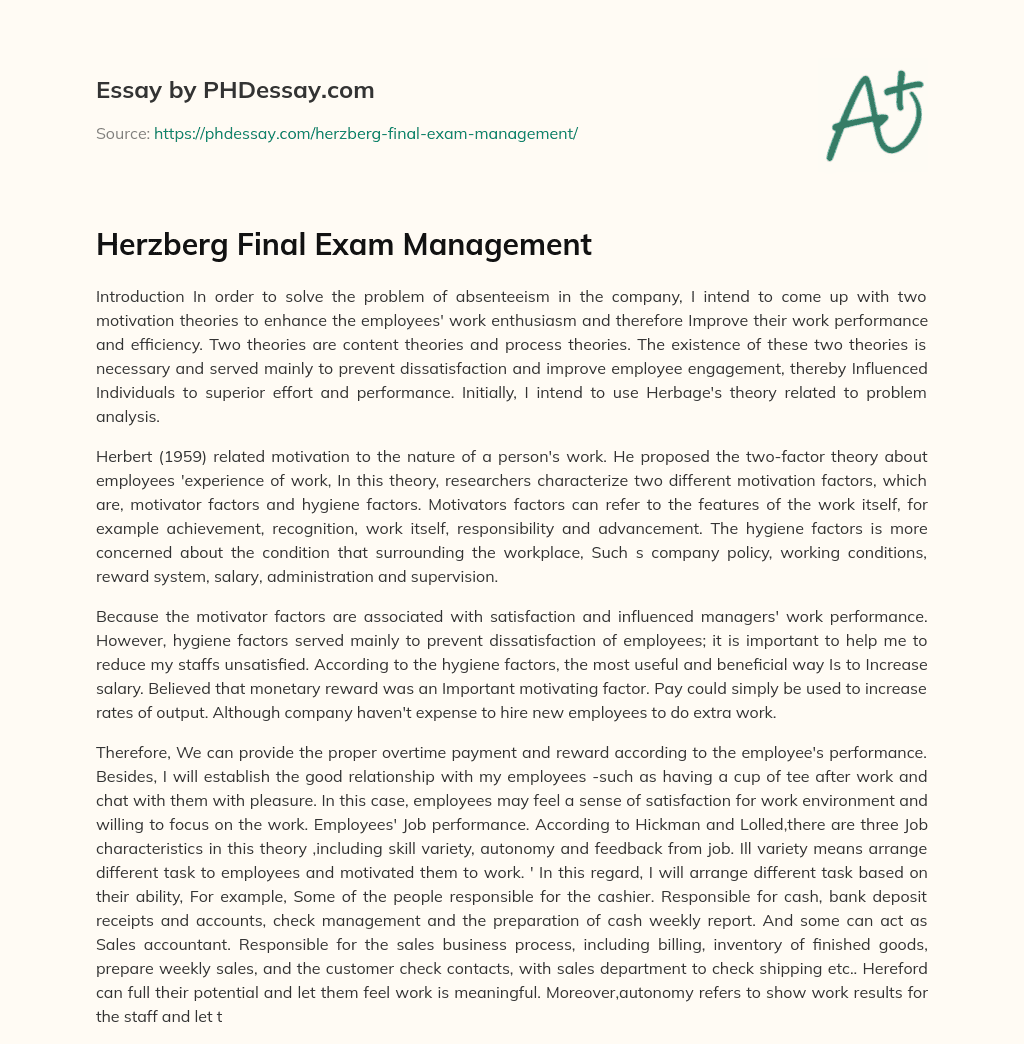 Herzberg Final Exam Management essay