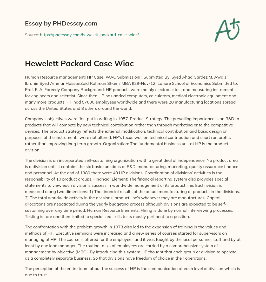 Hewelett Packard Case Wiac essay