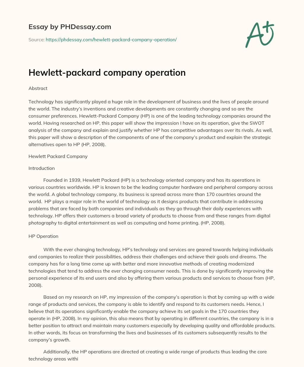 Hewlett-packard company operation essay