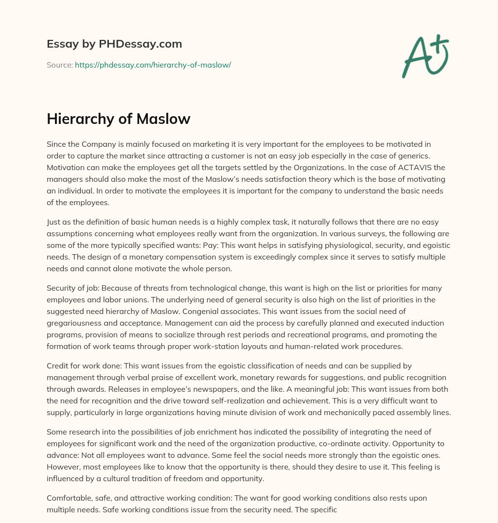 Hierarchy of Maslow essay