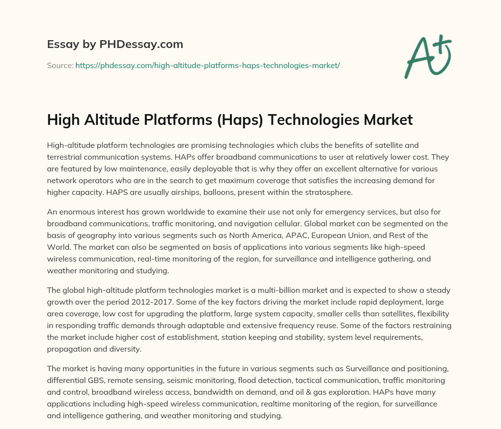 High Altitude Platforms (Haps) Technologies Market essay