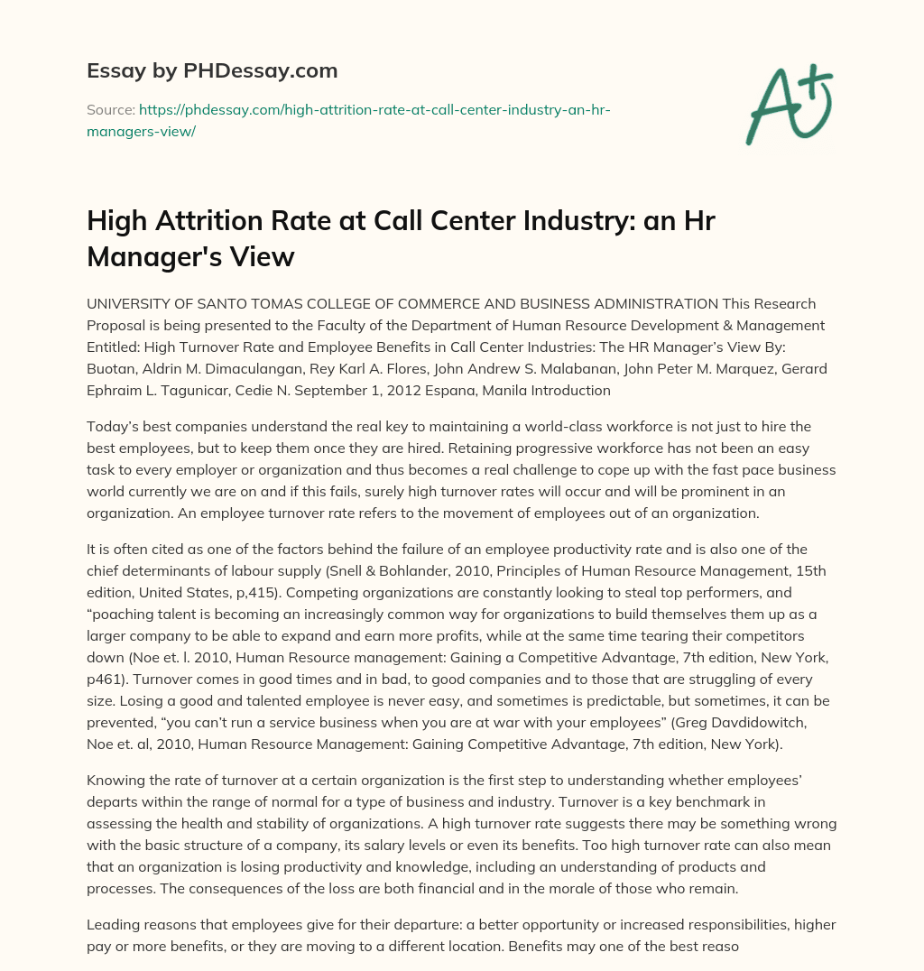 High Attrition Rate at Call Center Industry: an Hr Manager’s View essay