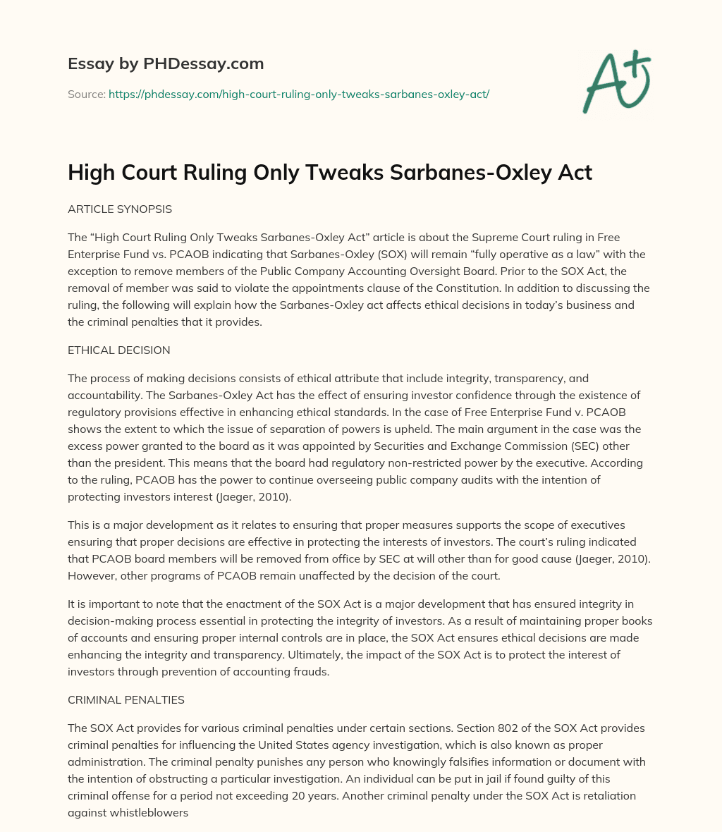 High Court Ruling Only Tweaks Sarbanes-Oxley Act essay