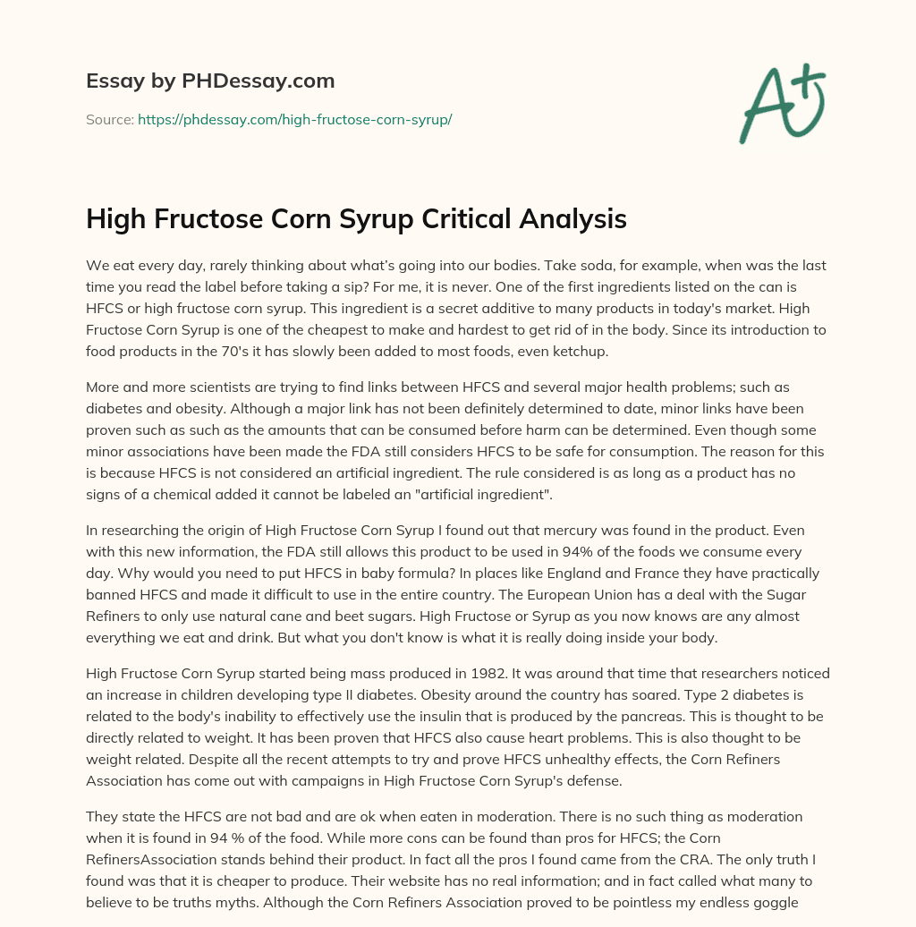 High Fructose Corn Syrup Critical Analysis essay
