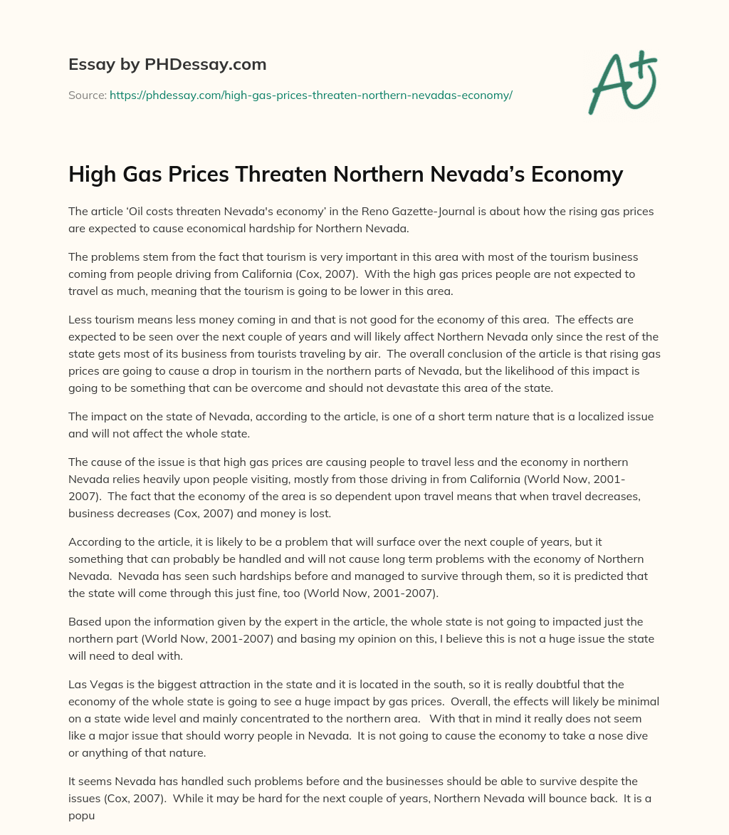 High Gas Prices Threaten Northern Nevada’s Economy essay