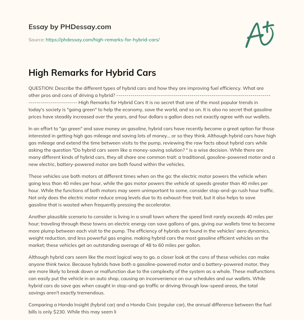 High Remarks for Hybrid Cars essay