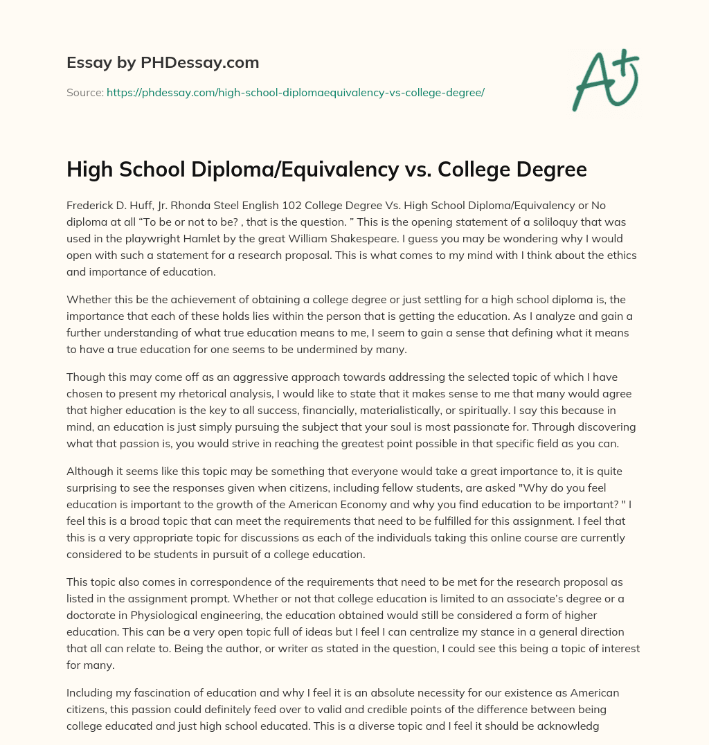 High School Diploma/Equivalency vs. College Degree essay