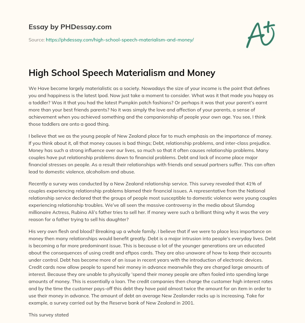 High School Speech Materialism and Money essay