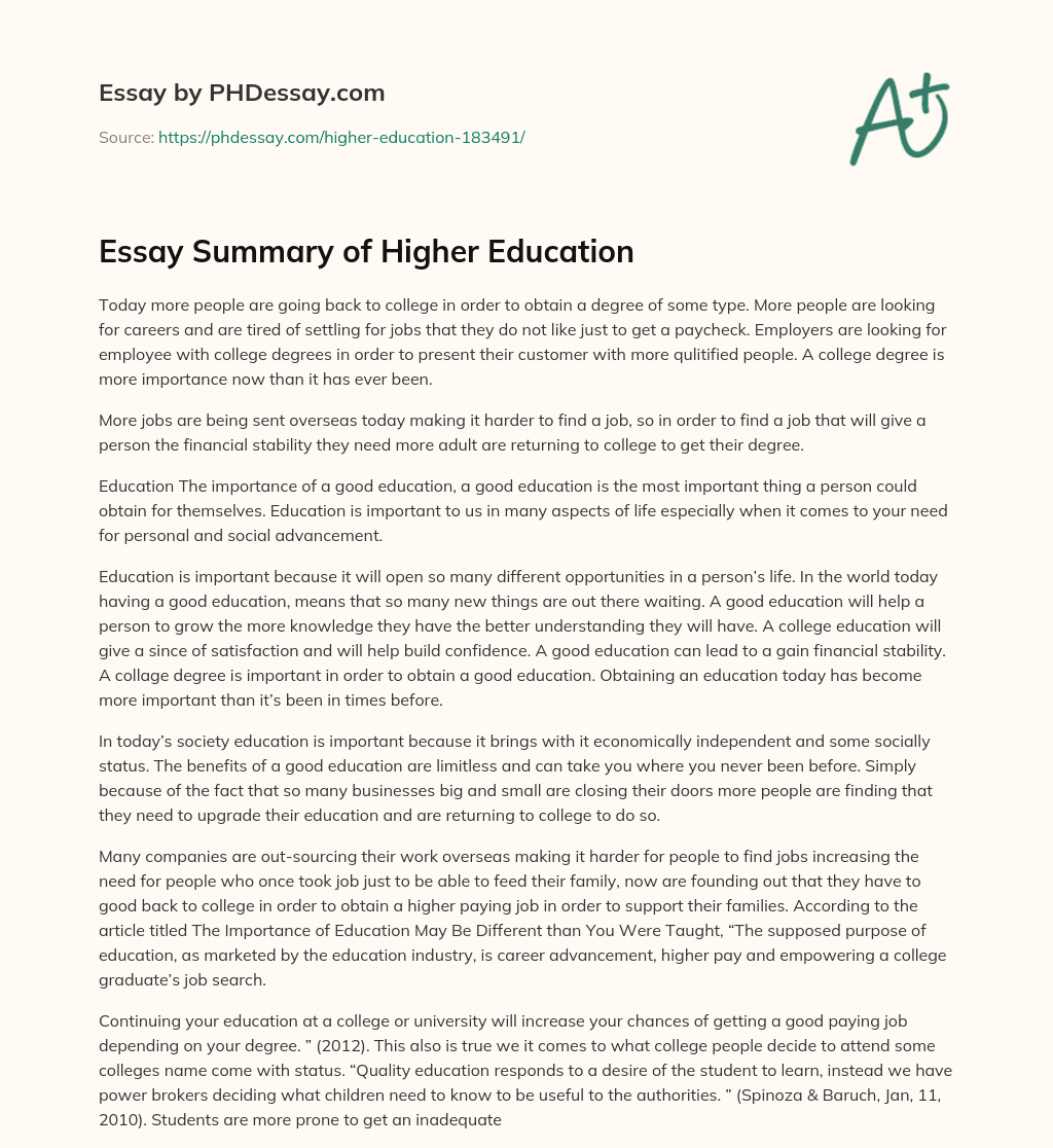 Essay Summary of Higher Education essay