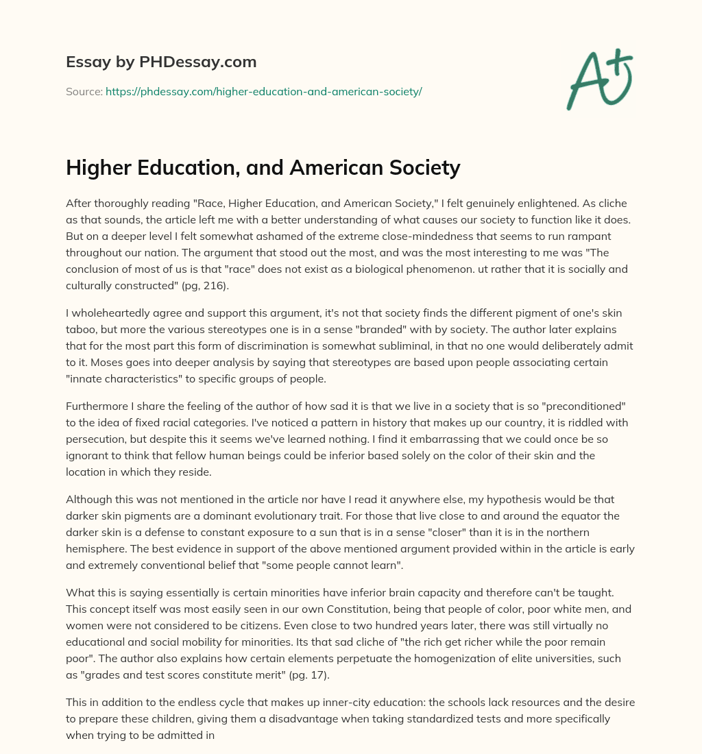 Higher Education, and American Society essay