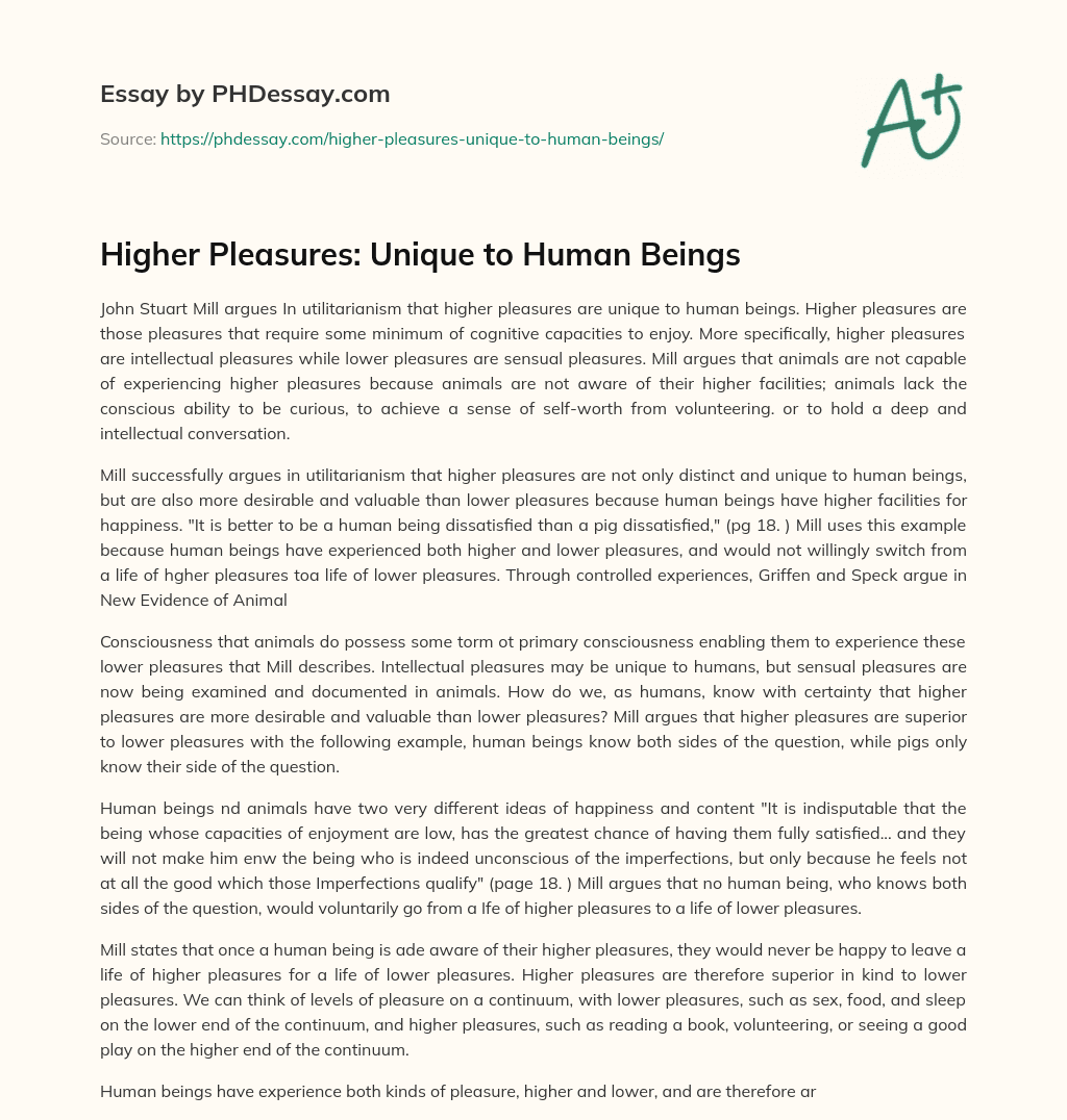 Higher Pleasures: Unique to Human Beings essay
